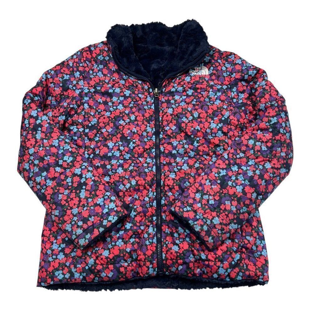 The North Face Girls Reversible Floral Printed Mossbud Jacket Pink Blue Size Lar